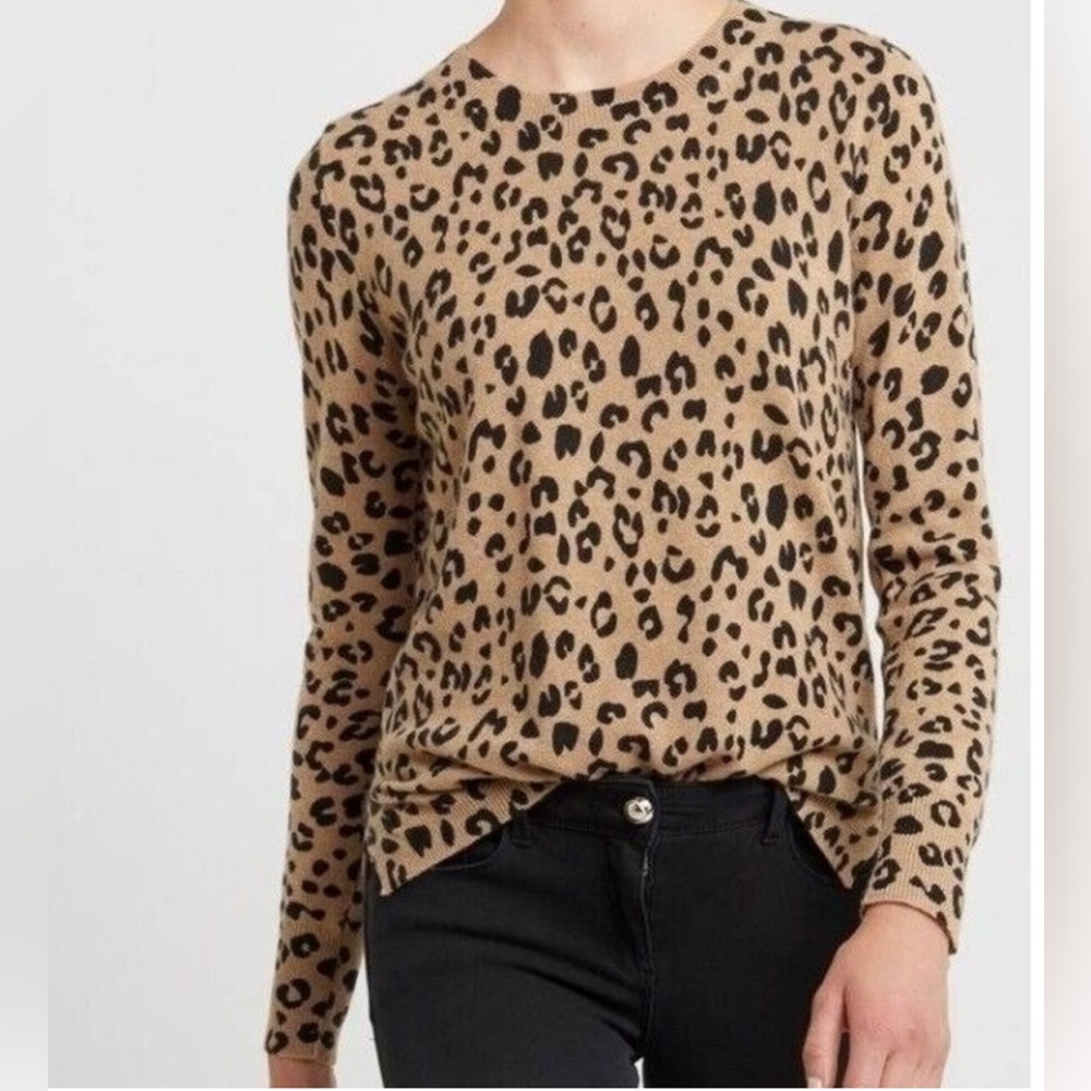 J Crew Medium‎ Layla 100% Cashmere Leopard Crew Neck Sweater